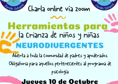 Este Jueves 10 de Octubre, a las 17:30 horas, se realizará la charla online: "Herramientas para la crianza de niños y niñas neurodivergentes, abierta a toda la comunidad educativa. Se recuerda que es obligatoria para los padres pertenecientes al Programa de Psicología. Puedes unirte a la reunión en el siguiente enlace: https://us06web.zoom.us/j/81624695835